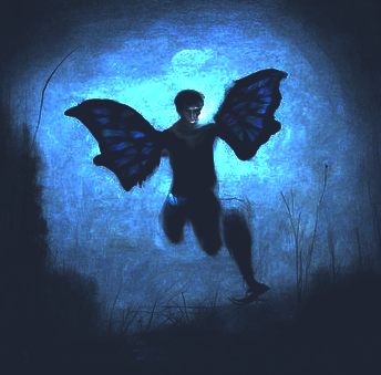 butterfly-wings on a young man flying in the dark